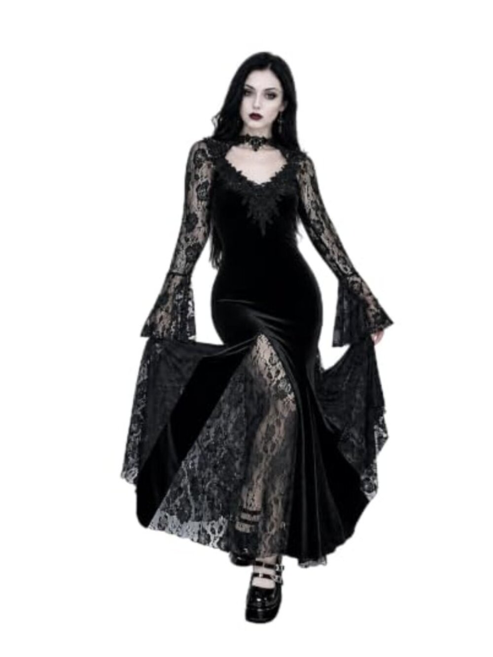 Gothic Slim Lace Fishtail Maxi Dress Long Sleeve Backless